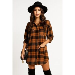 Ci Sono Shirt Dress Womens M‎ Orange Black Flannel Plaid Rustic Cabincore Tunic